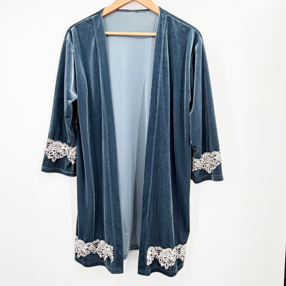 Whimsigoth Romantic Blue Velvet Lace Trim Open Front Duster Cardigan Size L